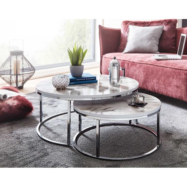 Rootz soffbordsset om 2 soffbord i vit silvermarmorlook runt modernt - Sidobord 2-delat metall - Runda vardagsrumsbord - Designa häckbord