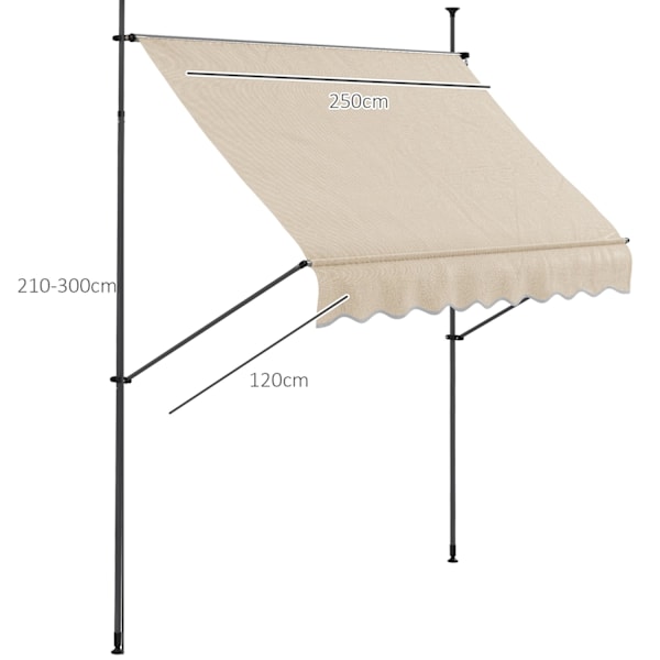 Rootz fristående manuell terrass markis - balkong markis - utdragbar markis - UV30+ skydd - 2,5 m x 1,2 m x 2,1-3 m