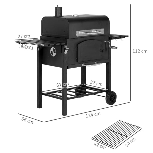 Rootz kolgrill - BBQ Smoker - Justerbart kolfack - Sidohyllor - Värmeställ - Emaljerat gjutjärn - Svart - 124L x 66W x 112H cm