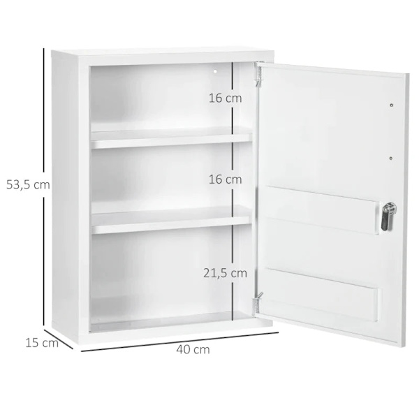 Rootz Medicinskab - 3 rum - Låsbart - Med receptrum - Robust stålhus - Hvid - 40 x 15 x 53,5 cm