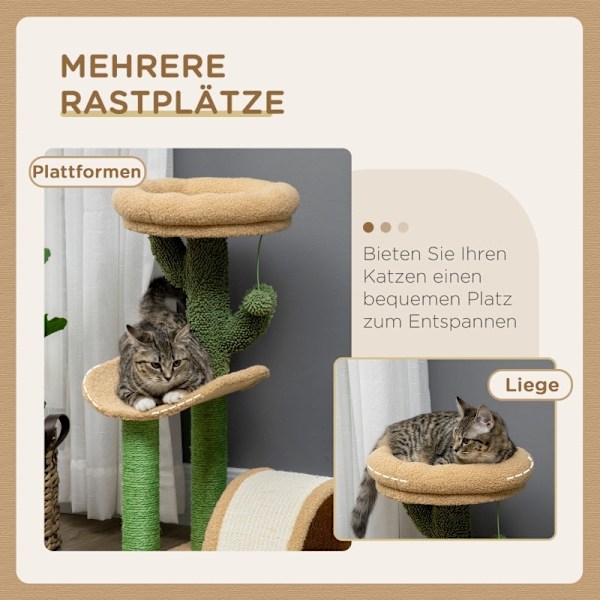 Rootz Cactus Design Cat Tree - Kradsestolpe - Klatrekattetræ - Sisal-indpakket stolper - Spånpladebase - Teddy Velour - 40cm x 35cm x 72cm