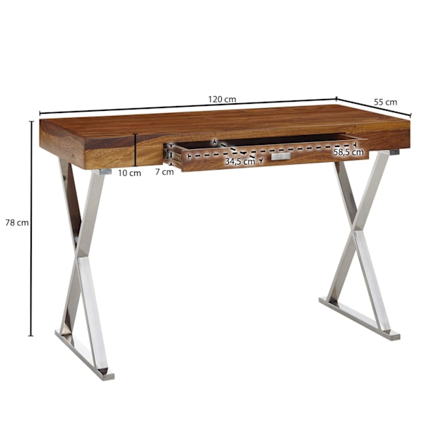 Rootz työpöytä 120x55x78 cm massiivi sheesham-puuta - metallikromi - Design-toimistopöytä laatikolla - HomeOffice kannettava tietokonepöytä, jossa säi