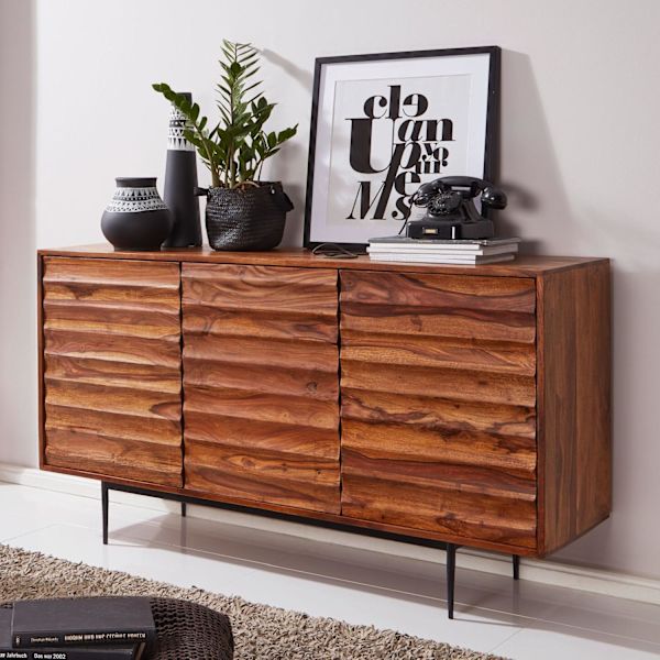 Rootz skænk Sheesham massivt træ 150x81x41 cm rustik kommode - Design Skænk Large - Høj kommode med 3 låger massivt træ - Gulvskab Stue Moderne