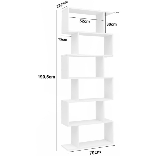 Rootz bokhylla 70 x 23,5 x 190,5 cm vit - Stativhylla 6 fack - Liten designbyrå - Modern arkivhylla Spånskiva Fristående - Förvaringshylla Öppen