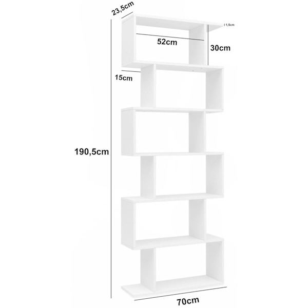 Rootz reol 70 x 23,5 x 190,5 cm hvid - Standhylde 6 rum - Lille design kommode - Moderne arkivhylde Spånplade Fritstående - Opbevaringshylde Åben