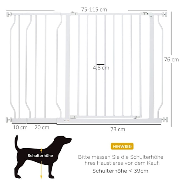 Rootz Door Guard Pet Safety Gate - Robust stål - ABS-plastik - Dobbeltlåsning - Justerbar 75 cm til 115 cm - Vægmontering - 115 x 76 cm