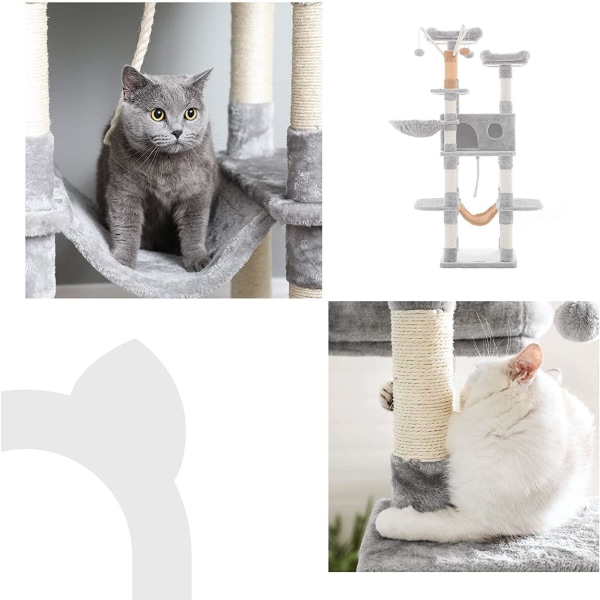 Rootz Cat Tree - Skrapstolpe - Hängmatta - Cat Cave - 6 nivåer - Grå - Beige - 50 x 50 x 164 cm