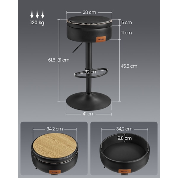 Rootz Barstol - Bänkpall - Vridbar pall - Bekväma sittplatser - 41cm x 41cm x (61,5-81cm) - Bläcksvart