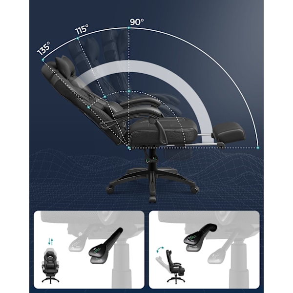 Rootz Gaming Chair - Racerstol - Ergonomisk stol - Lændestøtte - Justerbar nakkestøtte - Liggende ryglæn - Imiteret læder - 70cm x 64cm x 128cm