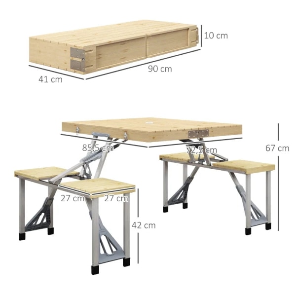 Rootz Campingbord - Fällbart - 4 säten - Paraplyhål - Bordsskiva i trä - Aluminiumram - Granträ - Metall - Naturligt trä - 85,5 X 72,5 X 67cm