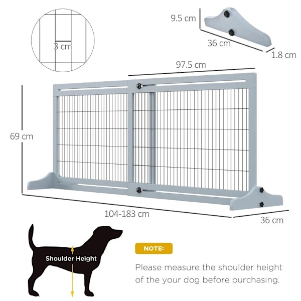 Rootz Dog Gate - Trappeport - Højdejusterbar - Foldbart kæledyrshegn - Døråbning - Gang - Små og mellemstore hunde - Grå + Sort - 183cm x 36cm x 69cm