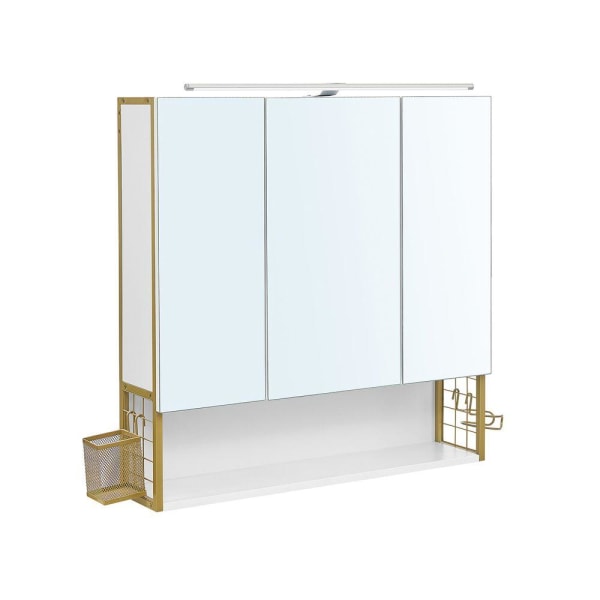 Rootz Spegelskåp - Badrumsskåp - Väggspegelskåp - Spegelskåp Med Belysning - Badrumsförvaringsskåp - Spånskiva/Stål/Glas - Vit-Guld - 70 x 14,5 x 70 c