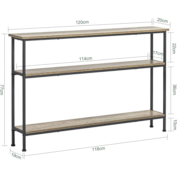 Rootz Konsol Bord Hall Bord Stue Bord Sofabord Smalt Sidebord Endebord med 3 hylder-B120 x D20 x H77cm