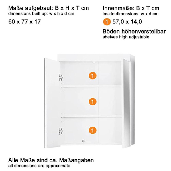 Rootz Kylpyhuonekaappi - Peili valaistuksella - Kiiltävä - 60 x 77 x 17cm White