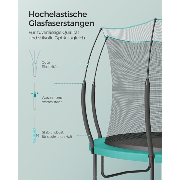 Rootz 12ft Sea Blue Trampolin - Udendørs udsmider - Hoppemåtte - Sikkerhedsnet - Galvaniseret stålramme - Glasfiberstænger - 305cm x 256cm x 76cm