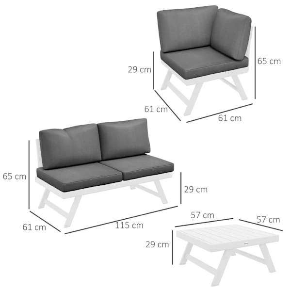 Rootz 4-delt havesæde Loungemøbler - Hjørnesofa - Sofabord - Siddehynder - Aluminium - Grå + Hvid - 115 cm x 61 cm x 65 cm