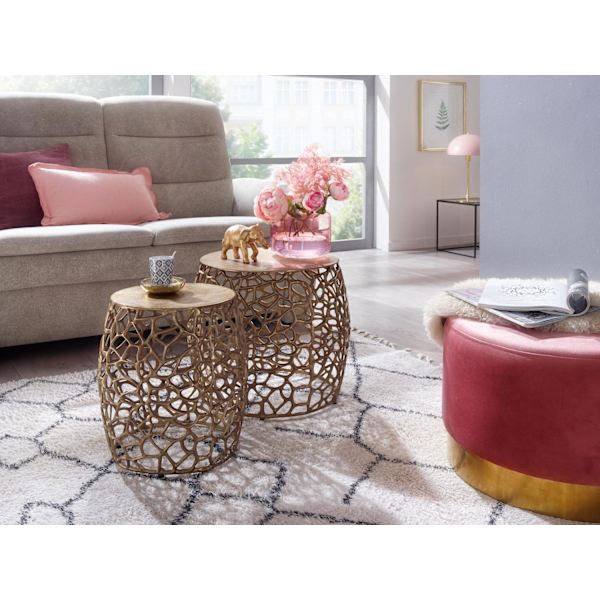 Rootz sidebord sæt med 2 aluminium guld design redeborde metal runde - Stue bord, sofabord, grenstruktur, moderne - 2-delt sofabord stue