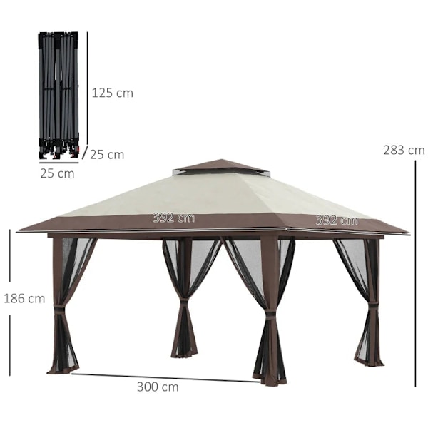 Rootz Foldepavillon - Højdejusterbar - 4 netvægge - Ventilationstag - Bæretaske - Hurtig montering - Beige - 4 x 4 x 3 m