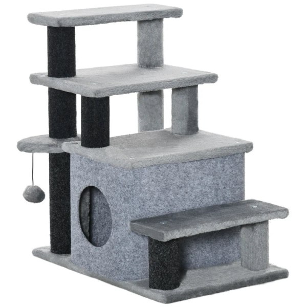 Rootz skrapstolpe - Djurtrappa - 4 steg - Lekboll - Hus - Höjdjusterbar - Svart + Grå - 60 x 40 x 66 cm