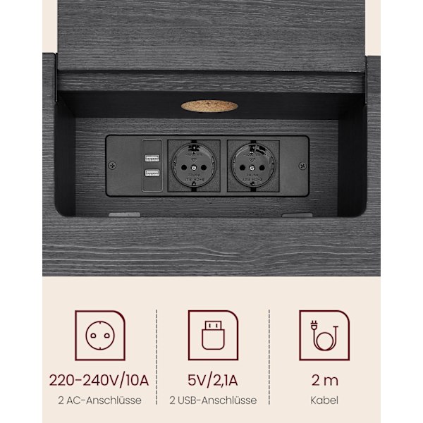 Rootz Modern Sidebord med Power Strip - Antracitgrå-blæk sort - Spånpladestål - 100 kg Kapacitet - 25 cm x 120 cm x 81,1 cm