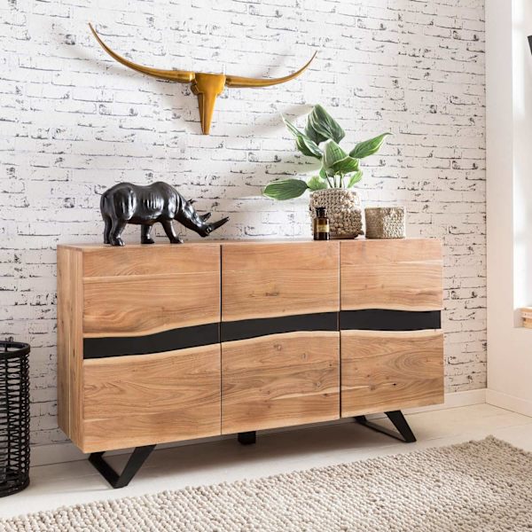 Rootz skænk 148 x 85 x 43 cm massiv træ akacie skænk i naturtrækant - Highboard i landlig stil med 3 døre - Kommode i entre