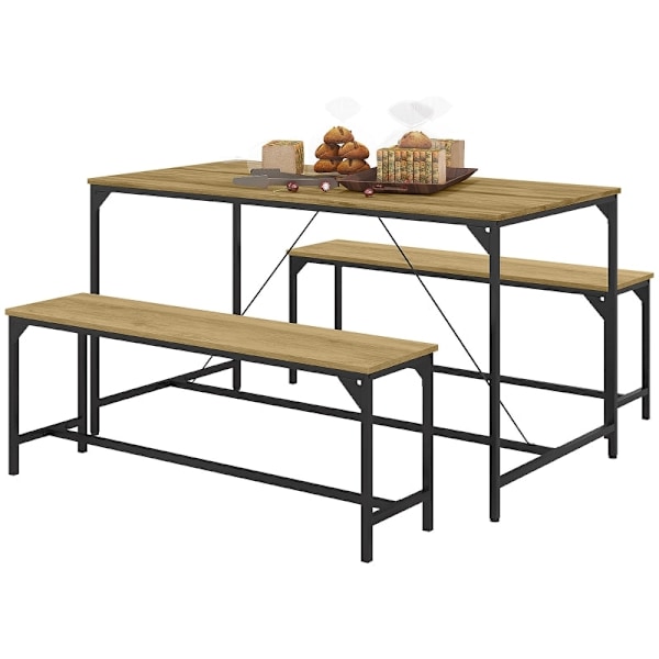 Rootz spisestuesæt - Bord og bænke - Træ og stål - Industrielt design - Pladsbesparende - Nem at rengøre - 140 cm x 70 cm x 76 cm