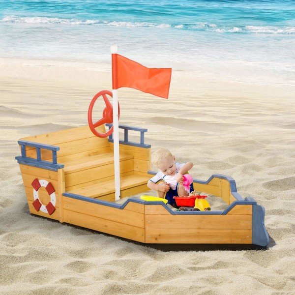 Rootz Sandpit Pirate Ship Design - Luonnollinen, Sininen - Kuusi, Pp - 62,2 cm x 30,7 cm x 17,91 cm