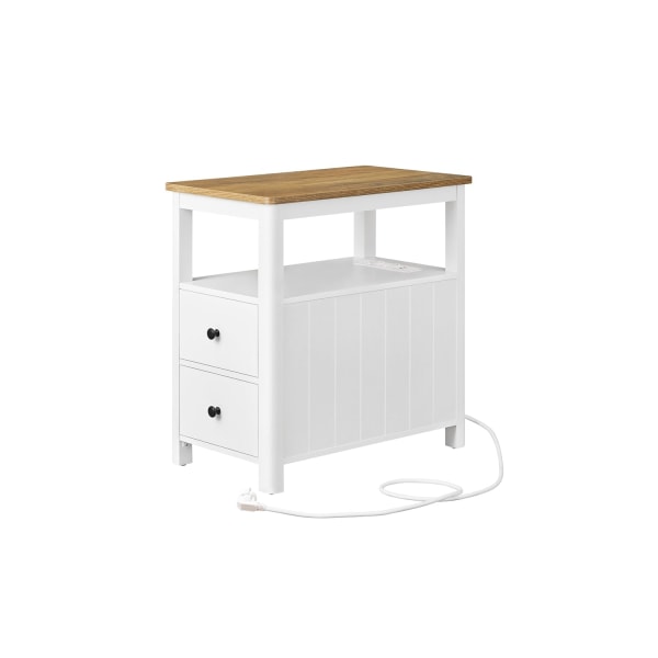 Rootz Sidebord med Power Strip - Endebord - Natbord - Træspånplade - MDF - Valnød Brun-Hvid - 60 cm x 35 cm x 60 cm - 17 kg - 90 kg Max belastningskap