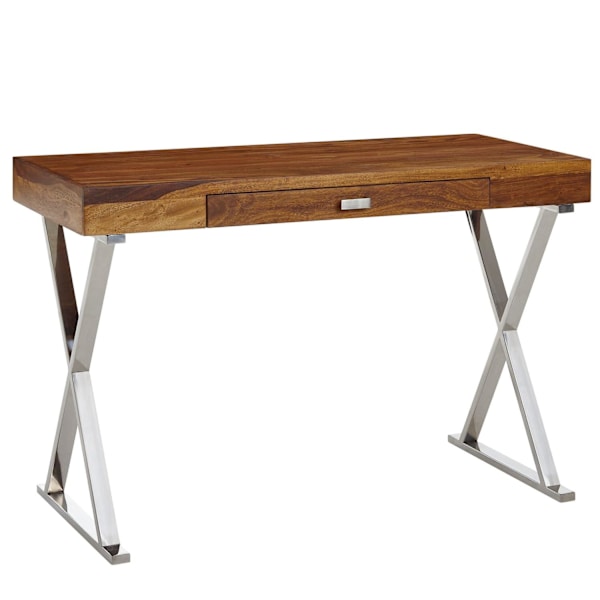 Rootz skrivebord 120x55x78 cm massivt sheesham træ - metal krom - Design kontorbord med skuffe - HomeOffice laptop bord computer bord med opbevaringsp