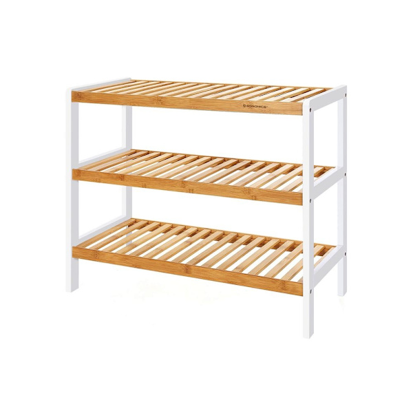 Rootz Skostativ - Bambus med 3 niveauer - Skoopbevaringsstativ - Skostativ - Skoopbevaring - Skoskab - Bambus - Naturlig + Hvid - 70 x 55 x 26 cm (B x