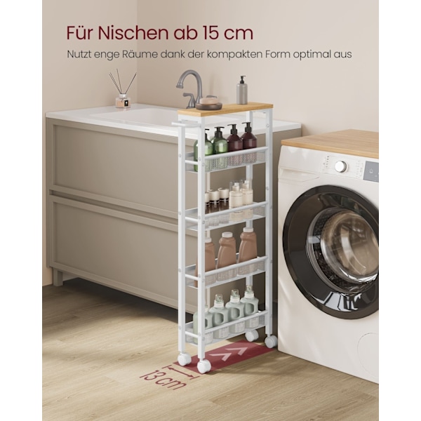 Rootz Oak White Trolley - Rullvagn - Bärbar förvaring - Spånskiva och stål - 13 cm x 45,4 cm x 99,6 cm - Lättvikt - Max belastning 12,5 kg