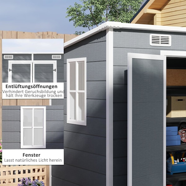 Rootz 2,4 x 1,3 metrin puutarhatalo - Shed - Storage Unit - sää- ja UV -kestävät - 238 cm x 125 cm x 165/183 cm - harmaa