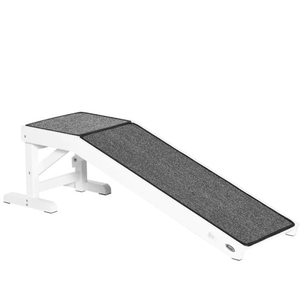 Rootz Pet Ramp - Med skridsikkert tæppe - Hundetrappe - Fyrretræ - Hvid + Grå - 125 x 40 x 35,5 cm