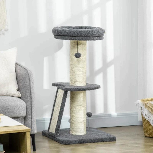Rootz-skrabestolpe - Én platform - Hængende legebold - Sisal - Mørkegrå + Cremehvid - 48 x 48 x 92 cm