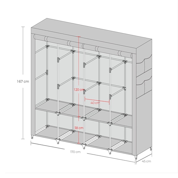 Rootz Fabric Cabinet Garderobe - Opbevaringsarrangør - Tøjopbevaring - Rumbesparende design - 45 x 170 x 167 cm