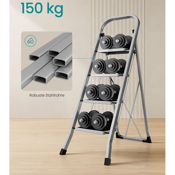 Rootz 4-stegsstege - Fällbar trapppall - Stegestege i stål - Lastkapacitet 150 kg - 89 cm x 45 cm x 127 cm