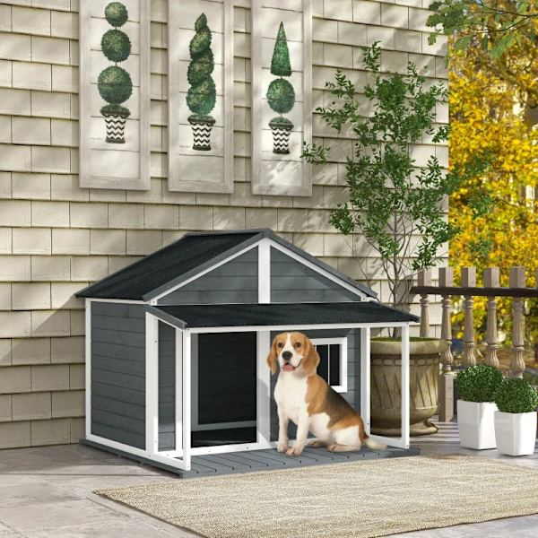 Rootz Dog House - Utomhus hundkennel med veranda - Väderbeständig - Gran Wood - Grå + Vit - 124cm x 112cm x 105cm