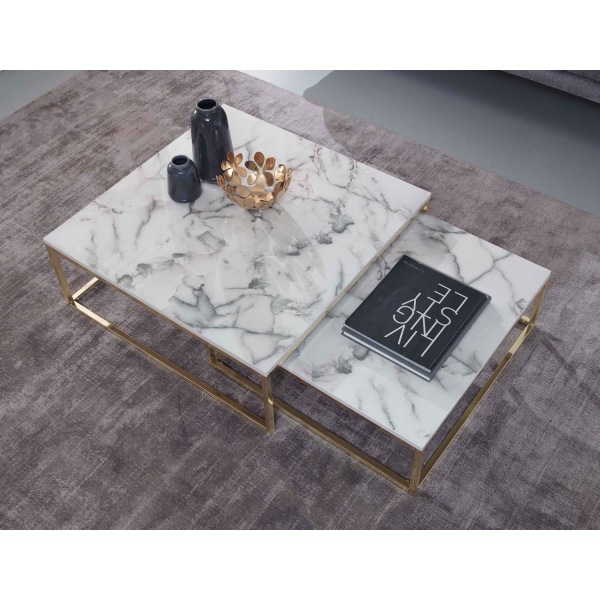 Rootz design soffbordsset med 2 vit marmoroptik kantig - Soffbord 2-delad bordsram metall guld - Ädla vardagsrumsbord - Moderna häckbord