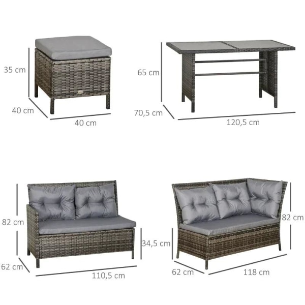 Rootz 6-delt siddesæt - Havesæt - Sofasæt - Havemøbelsæt Lounge - Polyrattan - Grå - 110,5L x 62W x 82H cm