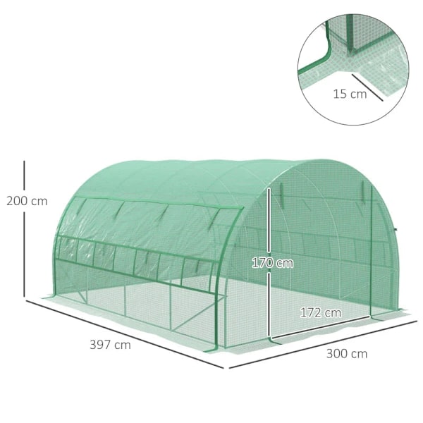 Rootz Folie Drivhus - Walk-in - Guy Ropes - Mesh vindue - Metalramme - Alvaniseret stål - PE plast - Grøn - 3,97L x 3W x 2H m