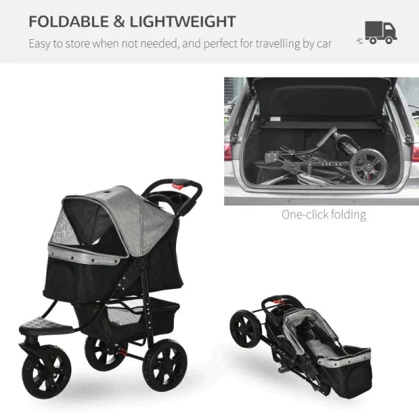 Rootz Dog Buggy - Cat Buggy - Koiravaunu - Lemmikkirattaat 3 pyörällä - Taitettava - Säädettävä kuomu - Oxford - Harmaa/Musta - 109,5 x 57,5 x 106,5 c