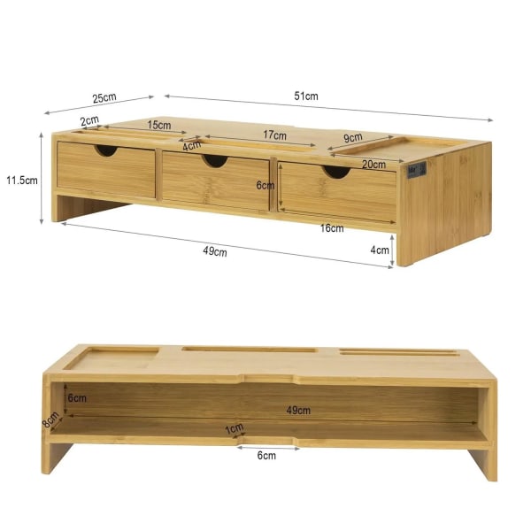 Rootz Bamboo Monitor Stand Computer Screen- Monitor Stand Monitor Riser Desk Organizer med 3 skuffer