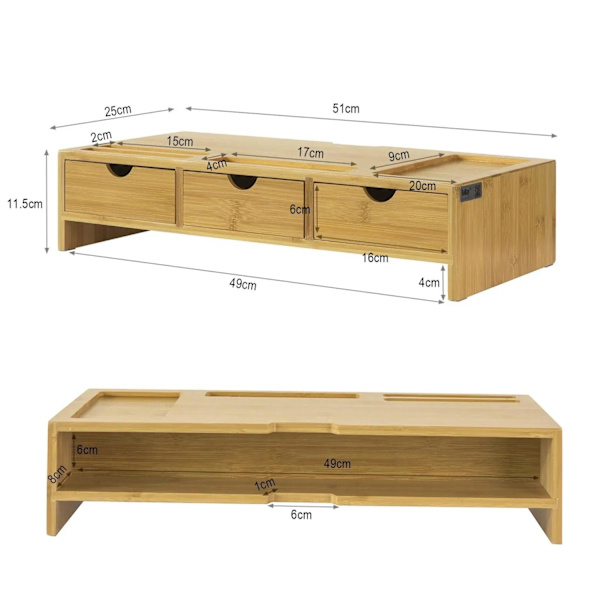 Rootz Bamboo Monitor Stand Datorskärm- Monitor Stand Monitor Riser Desk Organizer med 3 lådor