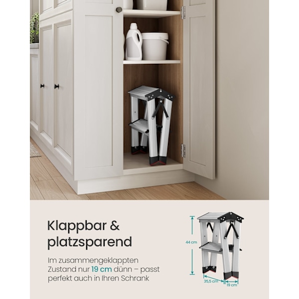 Rootz 2-trins stige - Trintaburet af aluminiumslegering - Trin-foldbar skammel - Skridsikre trin - 45 cm x 35,5 cm x 38 cm