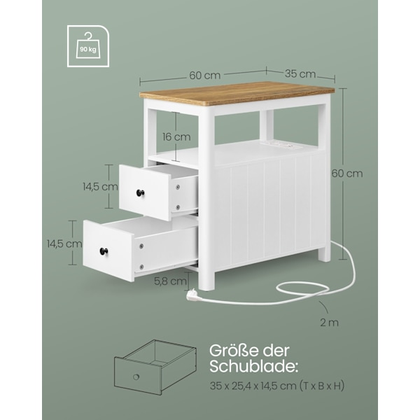 Rootz Sidebord med Power Strip - Endebord - Natbord - Træspånplade - MDF - Valnød Brun-Hvid - 60 cm x 35 cm x 60 cm - 17 kg - 90 kg Max belastningskap