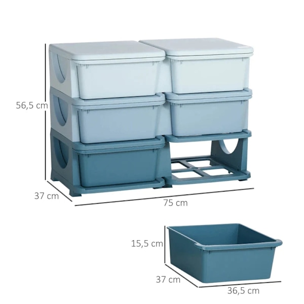 Rootz Kids förvaringslåda - 6 stora lådor - Rundade kanter - Plats för leksaker - Barnrum - Utdragbar design - Himmelsblå+blekblå - 275L x 37W x 56,5H