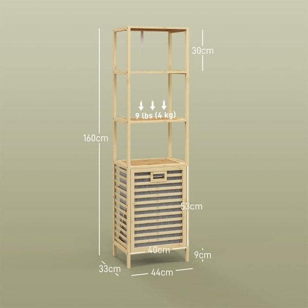 Rootz Bamboo Badeværelsesskab - Slank opbevaringsenhed - Vippelig vasketøjskurv - Naturlig finish - 44 cm x 33 cm x 160 cm