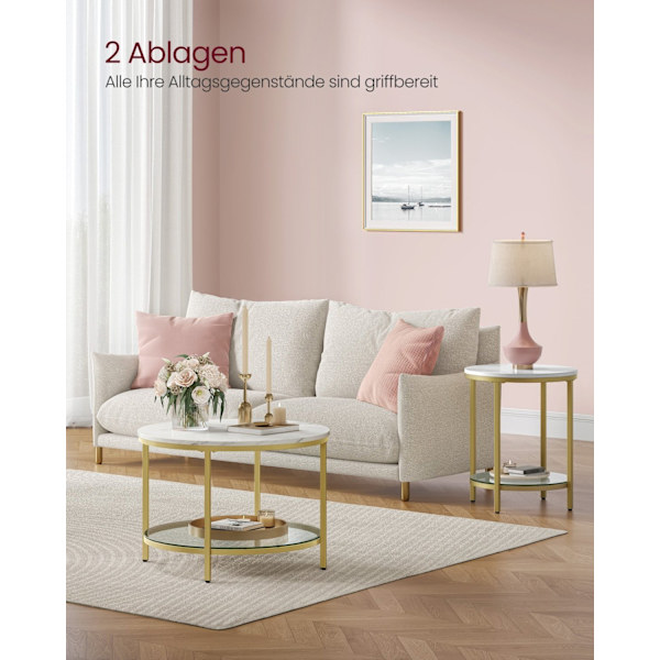 Rootz Marble White-Light Gold Soffbord - Vardagsrumsbord - Modernt bord - Spånskiva - Härdat glas - Stål - Justerbara fötter - Lätt - Rymlig - Enkel m