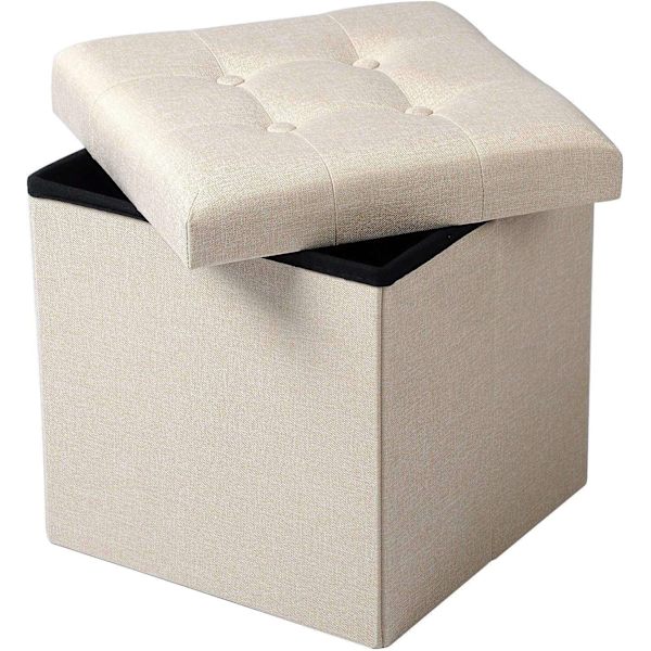 Rootz Pall med förvaring - Förvaringsbänk - Vikbar ottoman - Linnetyg - 37,5 cm x 38 cm x 37,5 cm - Utrymmesbesparande - Andas - 38L förvaring