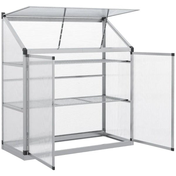 Rootz Greenhouse med fundamentram - Polykarbonathus - 2 hyllor - Aluminiumram - Silver - 131 x 58 x 139,5 cm